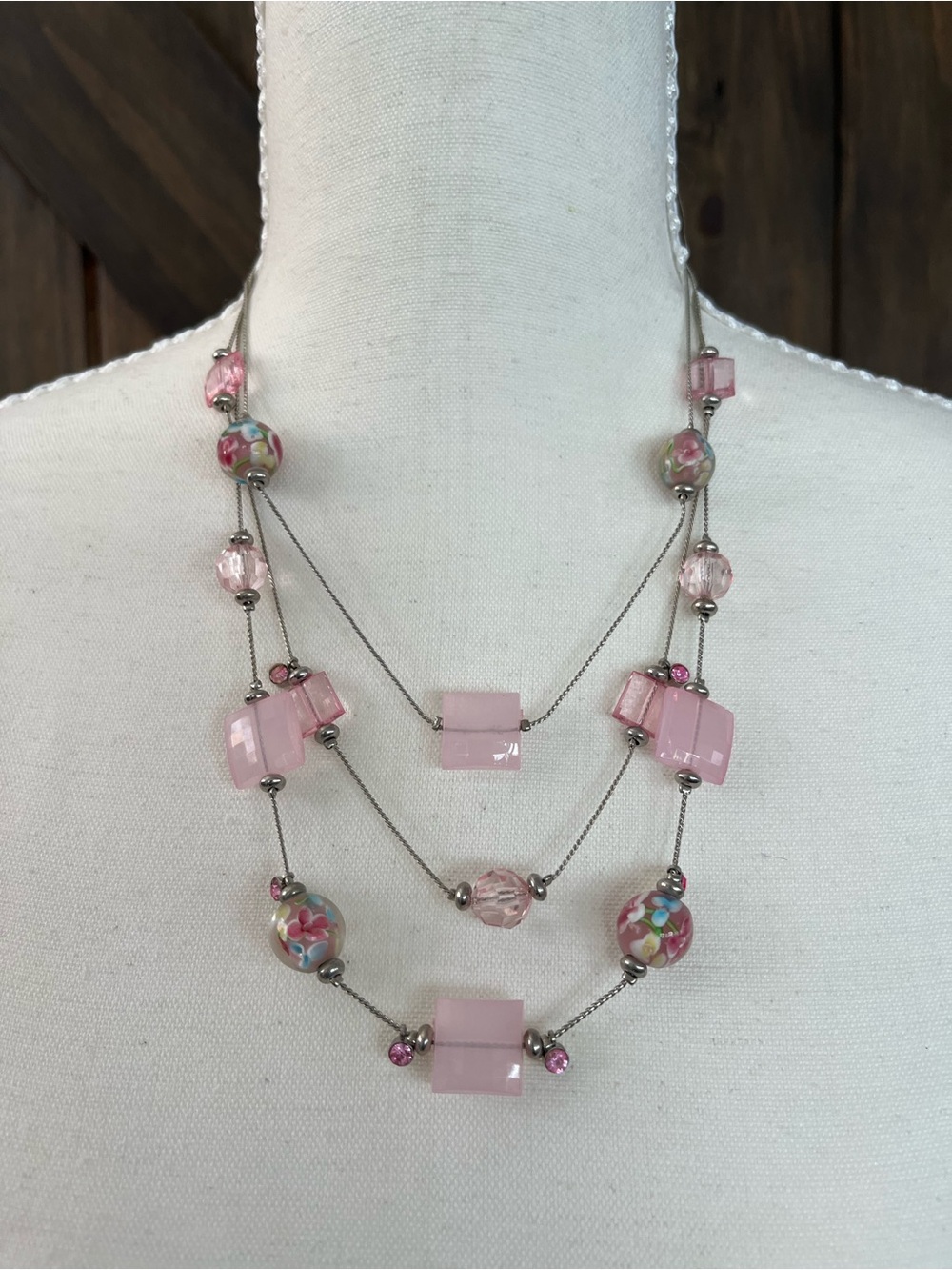 Pink Glass Bead Multi Strand Necklace